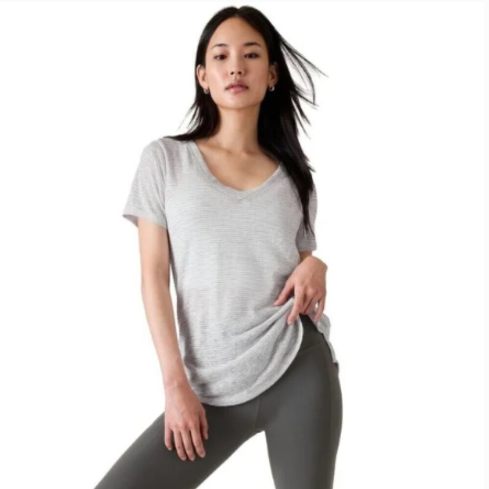 Athleta Breezy Scoop V-Neck Tee white gray stripes short sleeve